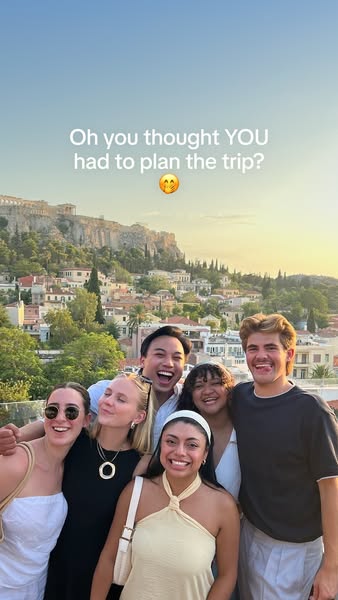This ad features a group of friends in front of a scenic backdrop, implying that travel planning can be simplified and h