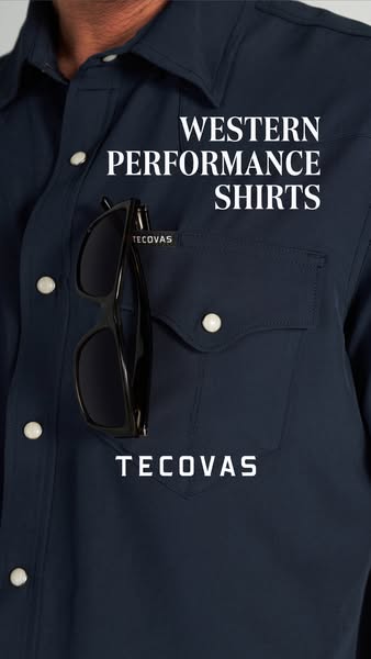 This ad showcases a close-up of the brand's Western Performance Shirt. The shirt is worn and has a pair of sunglasse