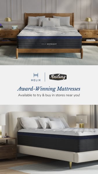 This ad features two bedrooms with mattresses on them. There is a logo for Helix and Railway Mattresses. It indicates th