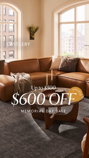 An interior shot featuring a brown leather couch in a modern space advertises a Memorial Day Sale with discounts of up t