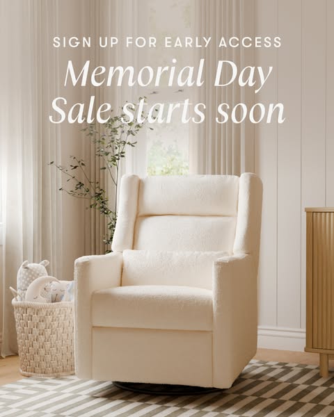 This ad promotes a Memorial Day sale, encouraging viewers to sign up for early access. It features a cozy, neutral-toned