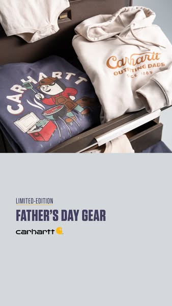 This ad promotes Carhartt's limited-edition Father's Day gear, showcasing a folded t-shirt with a graphic of a m