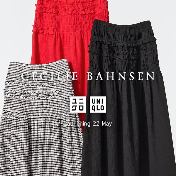 Ad promoting the launch of the Uniqlo x Cecilie Bahnsen collection on May 22nd. The image showcases three skirts from th
