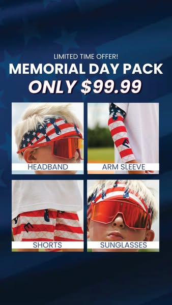 This ad showcases a "Memorial Day Pack" that includes a headband, arm sleeve, shorts, and sunglasses. All item