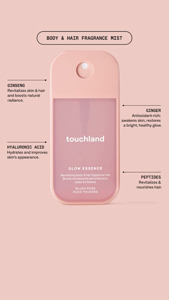 This ad showcases Touchland's Glow Essence Body & Hair Fragrance Mist. It emphasizes key ingredients like Ginsen