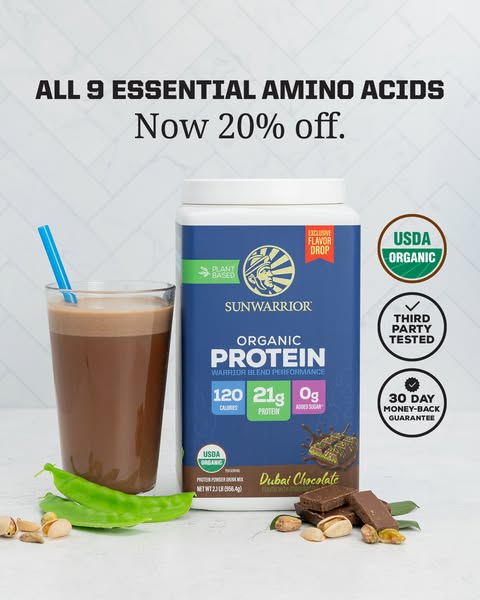 This ad promotes Sunwarrior's organic protein powder, highlighting its essential amino acids and a limited-time disc