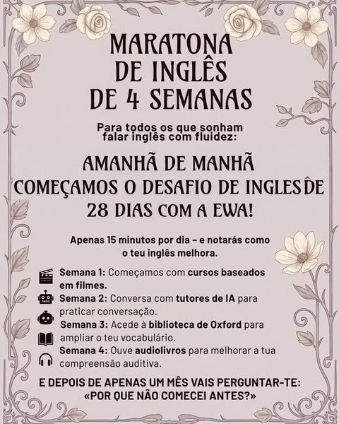 An ad in Portuguese for an English language learning marathon.
