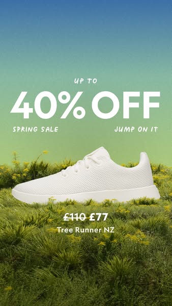 The ad features an image of a white sneaker displayed on a grassy surface. The ad promotes a spring sale with an offer o