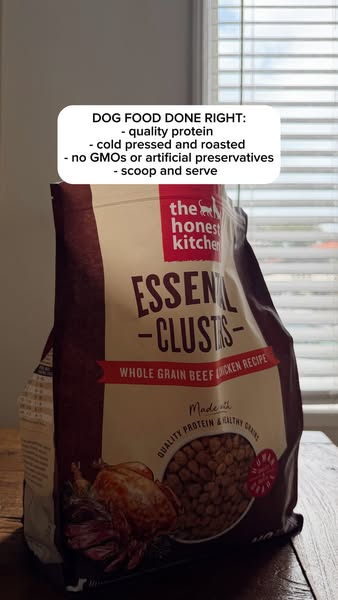 This image ad for The Honest Kitchen dog food features a bag of their 'Essential Clusters Whole Grain Beef & Chi