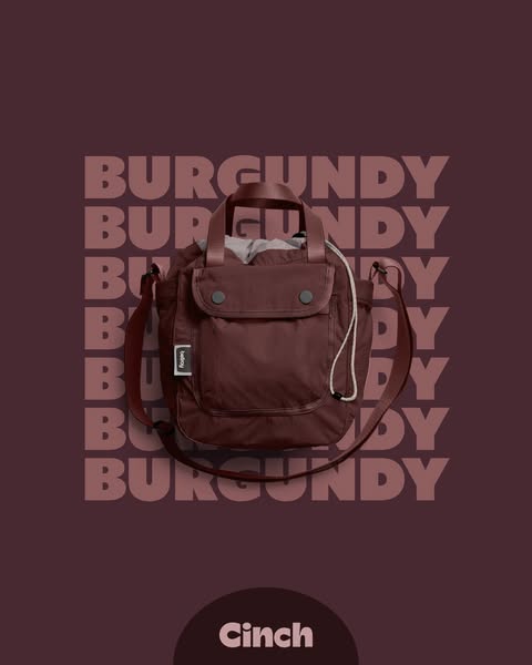 A product ad displaying a burgundy bag with a backdrop of the word 'Burgundy' repeated several times and overlai