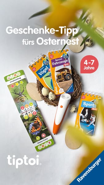 This image ad features the Tiptoi pen and several Tiptoi books arranged in a visually appealing springtime setting, high