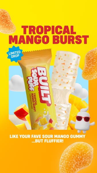 This ad promotes Built Sour Puffs Tropical Mango Burst protein bars by likening their flavor to popular sour mango gummi