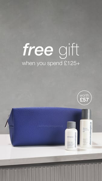 A promotional ad from Dermalogica offering a free gift when you spend £125 or more. The gift includes a blue cosmetics b
