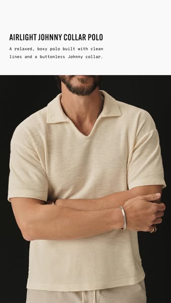 This image promotes the Airlight Johnny Collar Polo. The polo is described as relaxed and boxy with clean lines and a bu