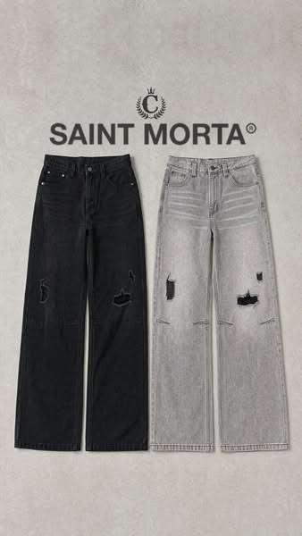 This ad features two pairs of distressed, wide-leg jeans from the brand Saint Morta, presented against a neutral backgro