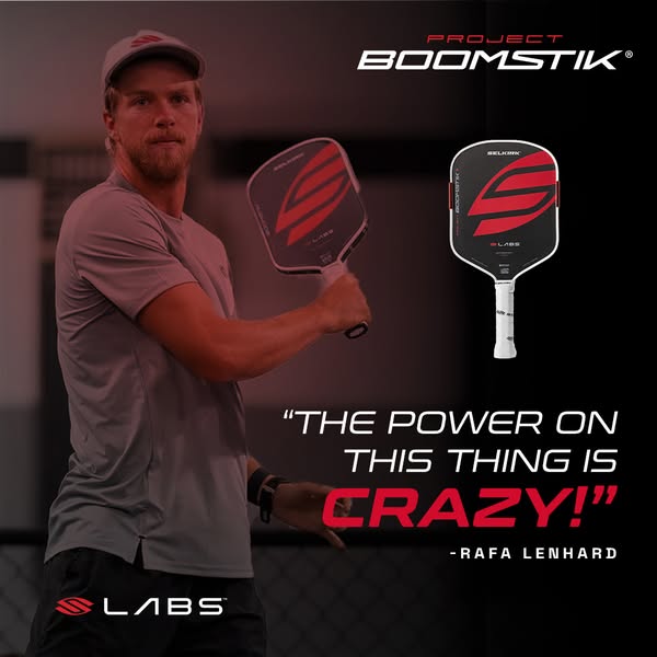 This ad features a testimonial from Rafa Lenhard about the power of the Boomstik pickleball paddle, with the man himself
