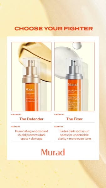 This ad compares two Murad products, 'The Defender' and 'The Fixer,' highlighting their specific benefit