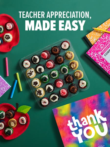 An image ad for Melissa's cupcakes encourages viewers to celebrate teacher appreciation. The visual features a flat 