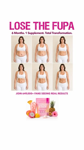 Ad for Super Youth supplement. It shows a before and after of a woman using the supplement for 6 months. There is text t