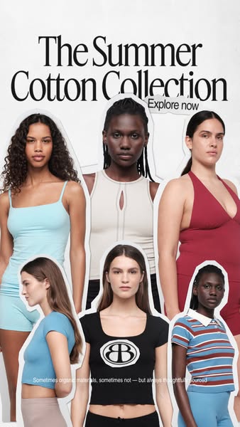 This image ad showcases a brand's summer cotton collection, featuring several models with diverse looks wearing vari