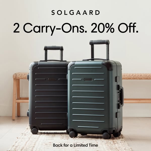 This image ad showcases two Solgaard carry-on suitcases in a neutral, modern setting. The ad emphasizes a limited-time o