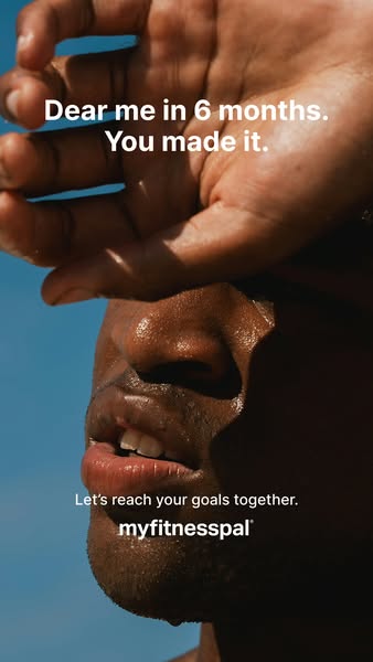 An image ad featuring a close-up shot of a sweaty person after a workout and text that reads, "Dear me in 6 months.