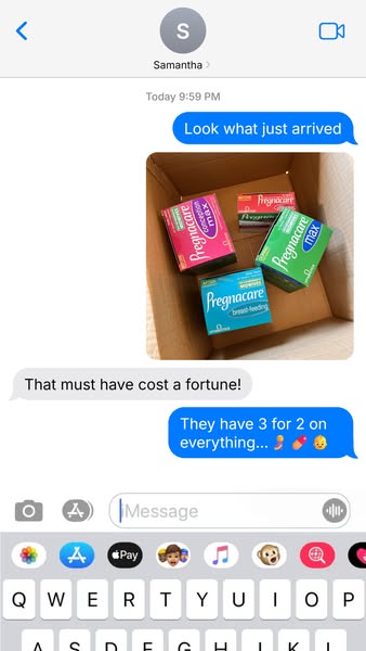 This ad is formatted to look like a text message conversation, where a user is mentioning a sale on Pregnacare products,