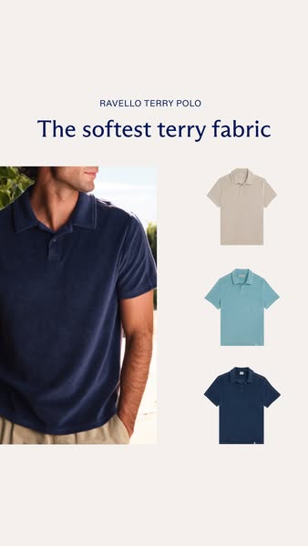 This ad features a man wearing a navy blue Ravello Terry Polo, and showcases the softness of the terry fabric. The ad al