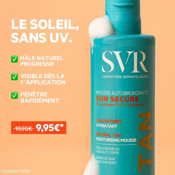 This ad showcases the brand SVR and their Sun Secure mousse autobronzante. The ad lists the benefits of the mousse and f