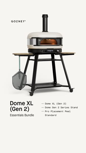 This ad features a lifestyle product shot of the Gozney Dome XL (Gen 2) pizza oven alongside a list of components that c