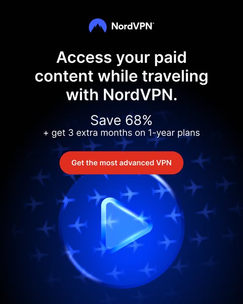 This image ad promotes NordVPN, highlighting its ability to access paid content while traveling, along with an offer for