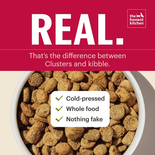 This ad shows a bowl full of The Honest Kitchen Clusters dog food, and calls out some of its key features compared to th