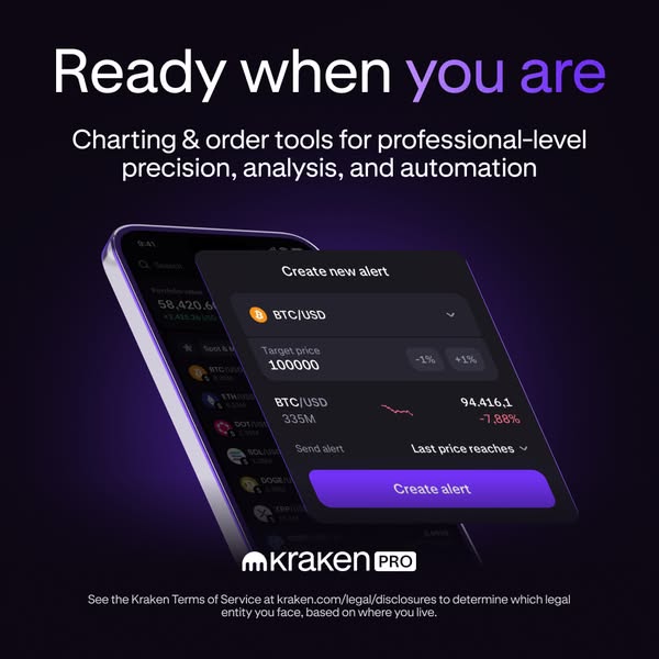 This ad promotes Kraken Pro's charting and order tools for professional-level crypto precision, analysis, and automa