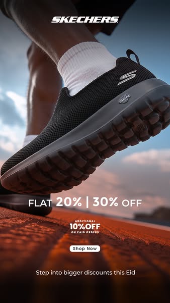 This ad promotes a sale for Skechers shoes, highlighting a flat 20% to 30% off, plus an additional 10% off on paid order
