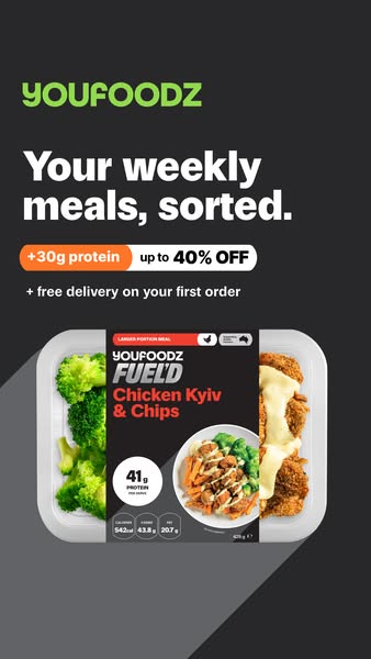 This image ad for Youfoodz promotes weekly meal delivery services, specifically highlighting their Fuel'd Chicken Ky