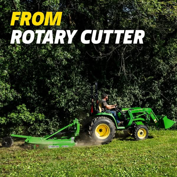 This ad promotes the Frontier rotary cutter for lawn care by showing the machinery attached to a tractor and in use in a