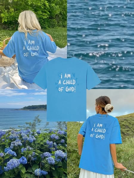Image ad for a blue t-shirt that reads "I AM A CHILD OF GOD!"