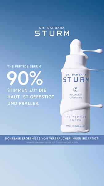 This image ad for Dr. Barbara Sturm The Peptide Serum shows the product bottle covered in a thick white cream to demonst