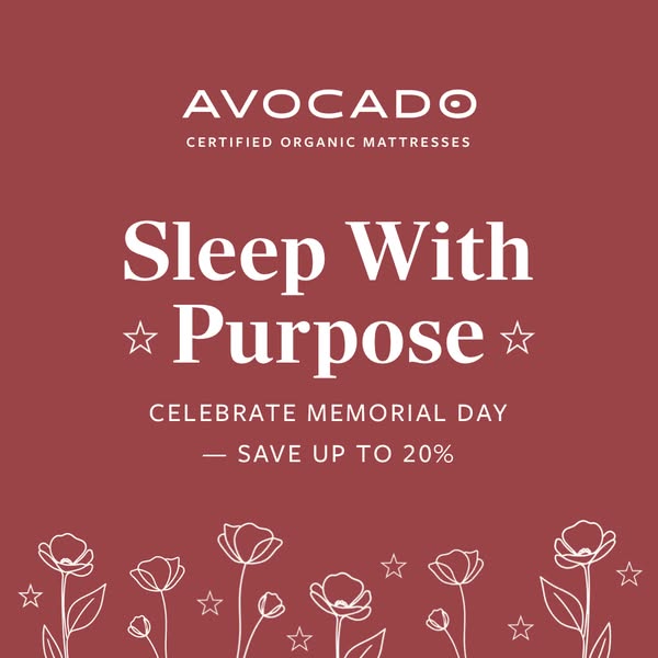 This image ad for Avocado brand mattresses uses a festive font and Memorial Day offer to catch the customer's eye. S