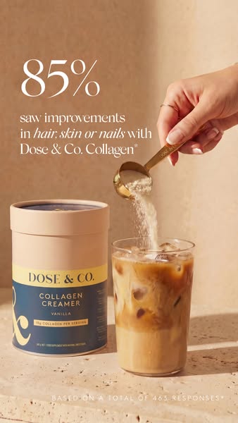 This ad for Dose & Co. Collagen Creamer showcases a user adding the product to an iced coffee while highlighting tha