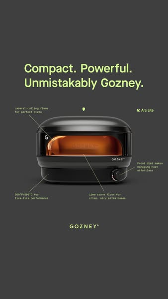The ad showcases the Gozney Arc Lite oven, highlighting its compact and powerful design for creating perfect pizzas. It 