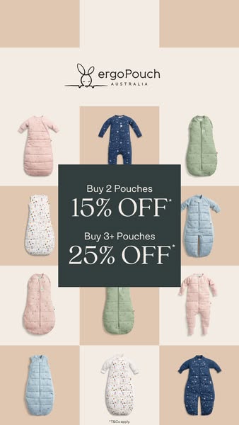 A product grid ad for ErgoPouch featuring a discount offer. The ad displays a variety of baby sleepsuits in various colo