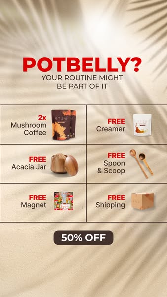 The ad questions if the user's routine is part of their 'potbelly?' while offering 50% off of Ryze mushroom
