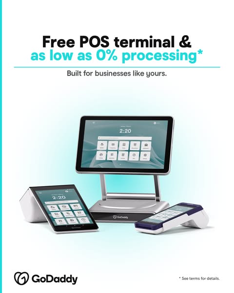 This ad promotes GoDaddy's free POS terminal and low processing fees, aiming to attract businesses seeking cost-effe