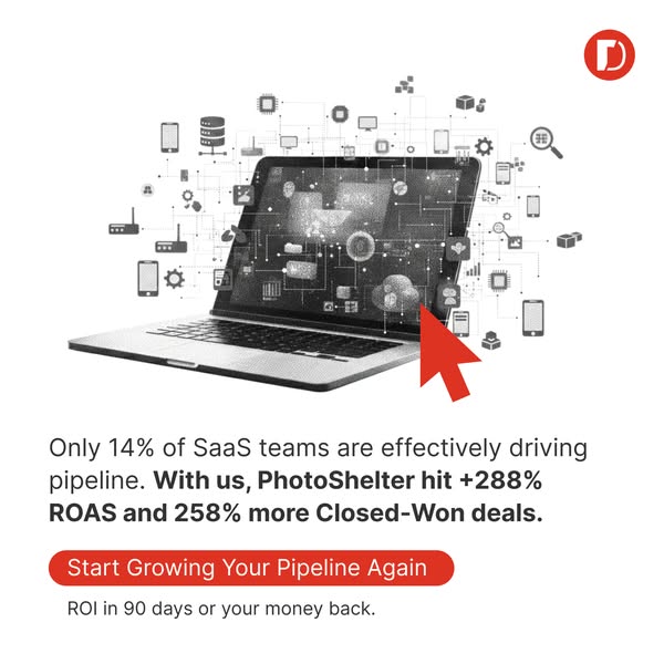 The ad highlights the low success rate of SaaS teams driving pipelines and presents PhotoShelter as a solution. It showc