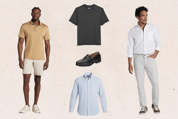 This ad showcases a variety of men's apparel items arranged in a grid. Two models are shown wearing outfits, and in 