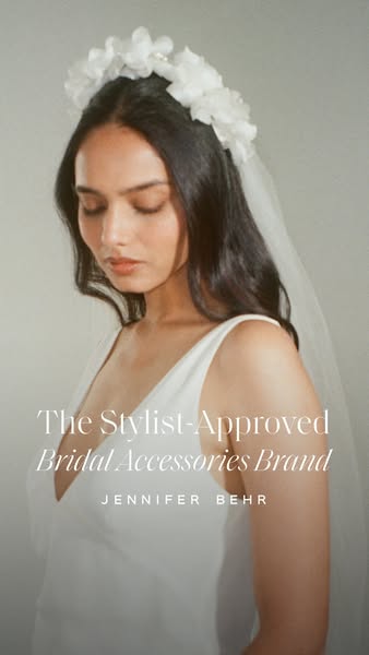 An ad for Jennifer Behr bridal accessories featuring a model wearing a floral headpiece and veil.