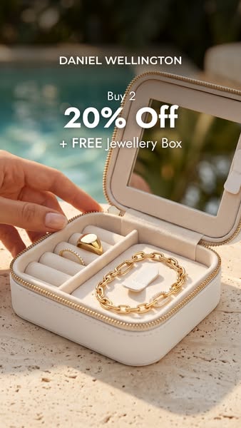 This image ad showcases Daniel Wellington jewelry in a white jewelry box with an offer for 20% off and a free jewelry bo