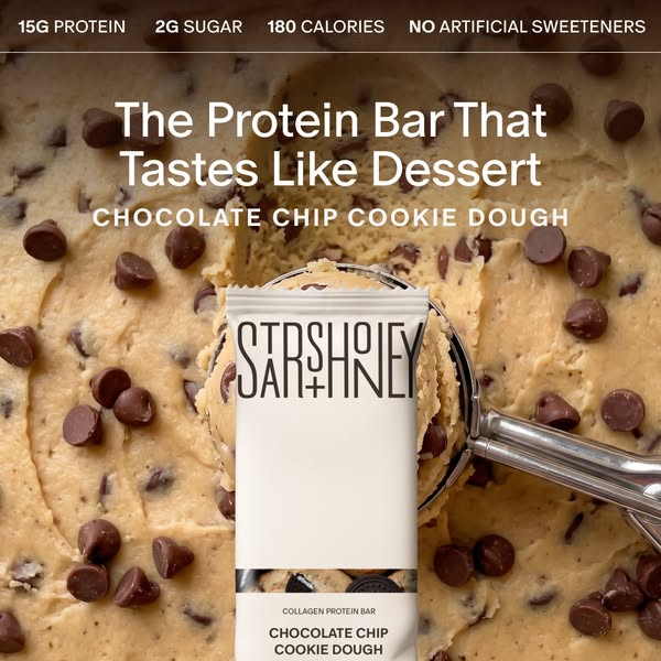 An image ad for the STRSHONEY Collagen Protein Bar in Chocolate Chip Cookie Dough flavor. The ad uses an image of the ba
