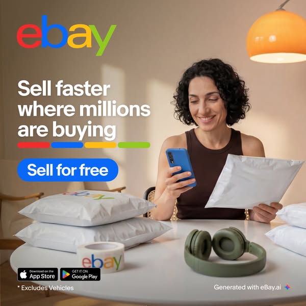 This image ad promotes eBay as a platform to sell items faster where millions are buying. The ad highlights the opportun